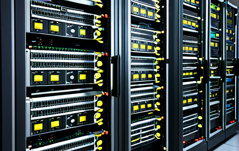 **
A server room interior. Focus on the hard drives inside a server rack. Show the different colored cables and the blinking lights. The scene should convey data security and the importance of RAID for business continuity. The image should look modern and professional.
**